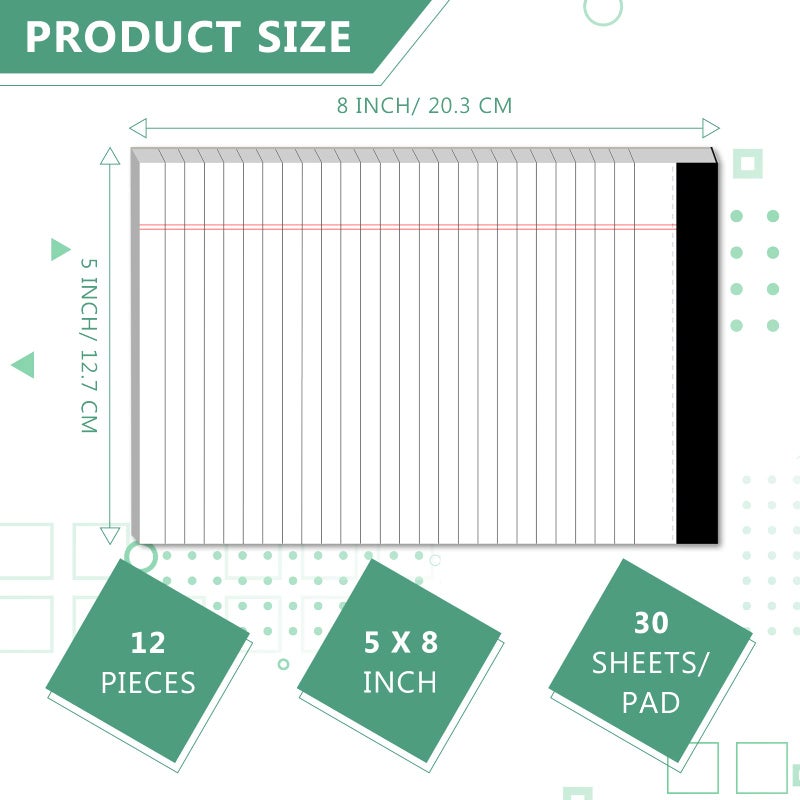 PINJINGPRO Legal Pads 5×8 Inch Notepad, 12 Pack Note Pads College Ruled Perforated Memo Pad for Work Study Daily Note Taking List, Lined Writing Pads Memo Refills Notepads for Office Home School, 30 Sheet/ Pad - Image 2