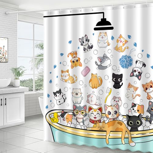 JWXCBIM Cute Cat Shower Curtain Set, Funny Cartoon Kids Home Bathroom Decor Polyester Waterproof Fabric Bath Curtain with 12 Hooks 72x72 Inches - Image 2