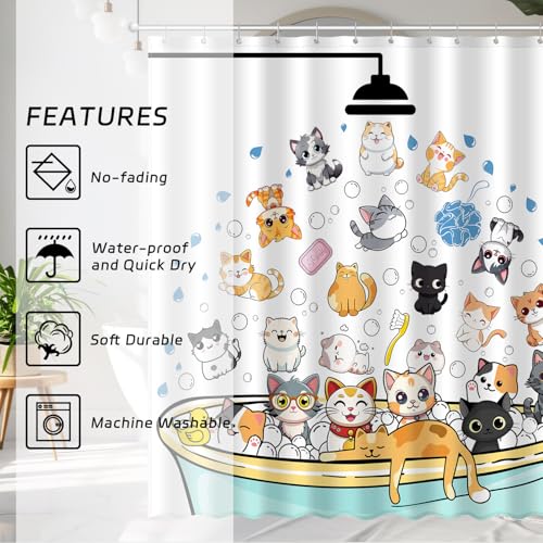 JWXCBIM Cute Cat Shower Curtain Set, Funny Cartoon Kids Home Bathroom Decor Polyester Waterproof Fabric Bath Curtain with 12 Hooks 72x72 Inches - Image 4