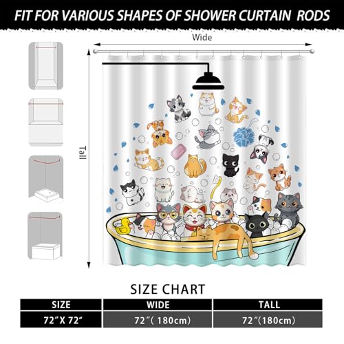 JWXCBIM Cute Cat Shower Curtain Set, Funny Cartoon Kids Home Bathroom Decor Polyester Waterproof Fabric Bath Curtain with 12 Hooks 72x72 Inches - Image 3
