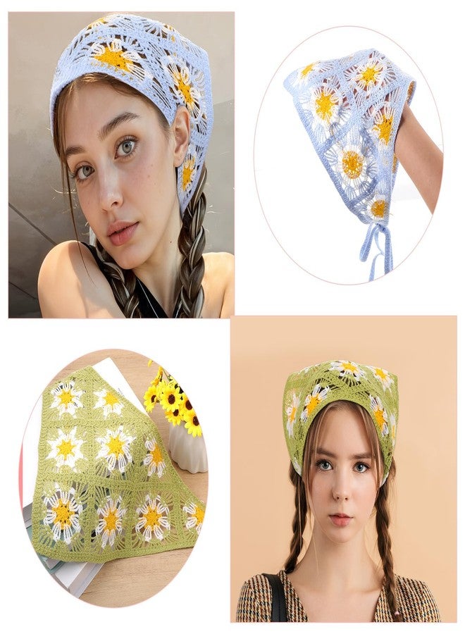Pmeixcy طقم من قطعتين من وشاح الرأس الفرنسي المثلث المزخرف بالزهور من Pmeixcy، وشاح رأس كروشيه أخضر وأبيض - وشاح شعر بوهيمي عتيق برباط خلفي للنساء والفتيات، إكسسوار تصفيف شعر يومي للحفلات - Image 5
