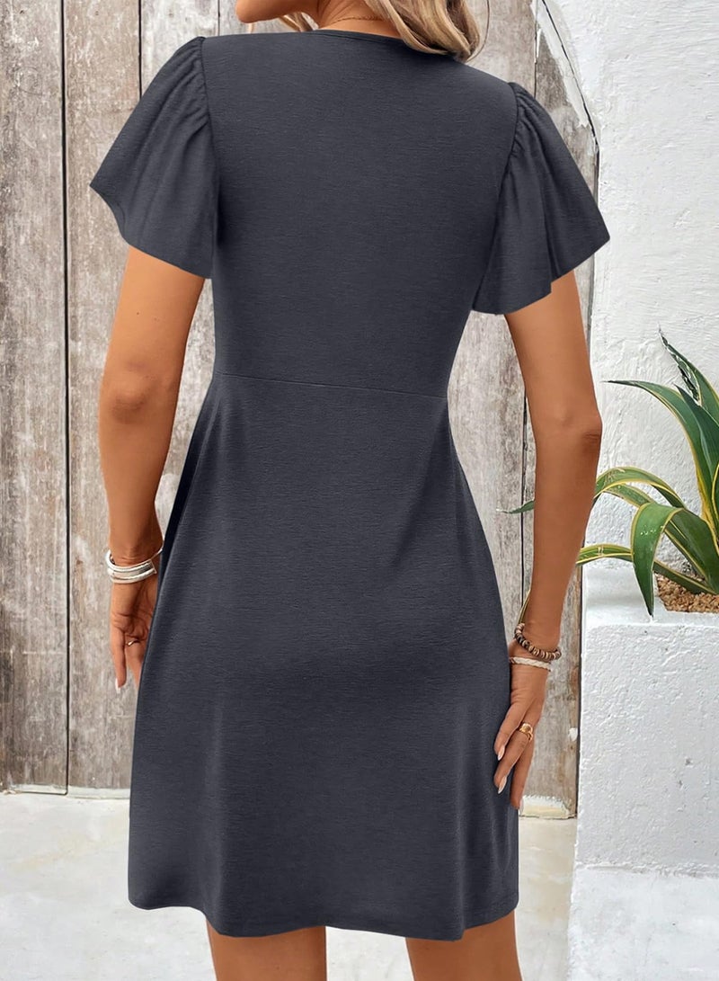 Acelitt Womens Casual Fashion Trendy 2025 Summer Twist Front V Neck Short Sleeve Mini Dress High Waist A Line Ruffle Dresses Sundress Gray Small - Image 2