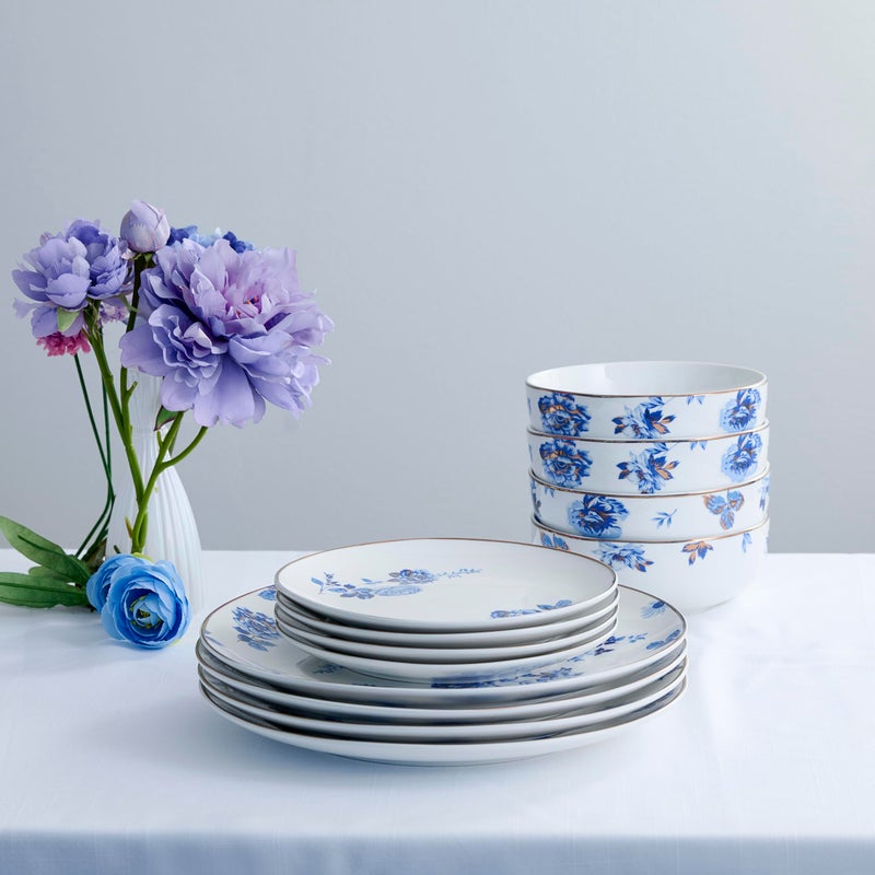 Stone Lain Viola 12-Piece Dinnerware Set Porcelain, Plates and Bowls Set, Dish Set for 4, Microwave and dishwasher Safe, Blue - Image 3