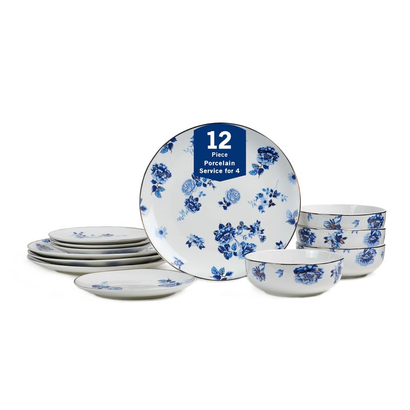 Stone Lain Viola 12-Piece Dinnerware Set Porcelain, Plates and Bowls Set, Dish Set for 4, Microwave and dishwasher Safe, Blue - Image 1