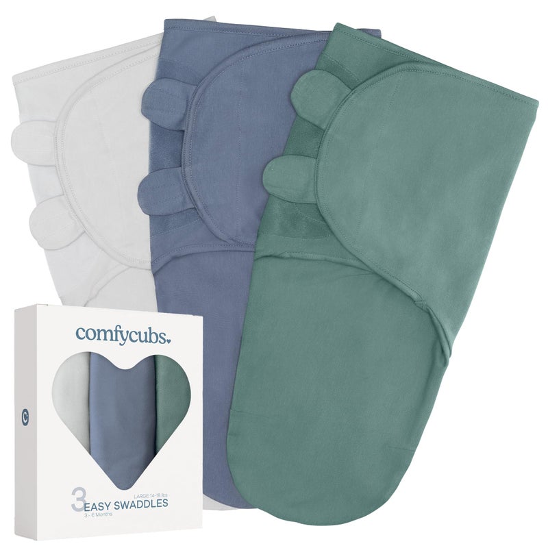 Comfy Cubs Easy Swaddle Blanket, 3 Pack - 100% Cotton Newborn Wrap, Large for 3-6 Months Infants, Breathable and Durable Sleep Sack for Babies - Stone, Nomadic Blue & Azul - Image 1