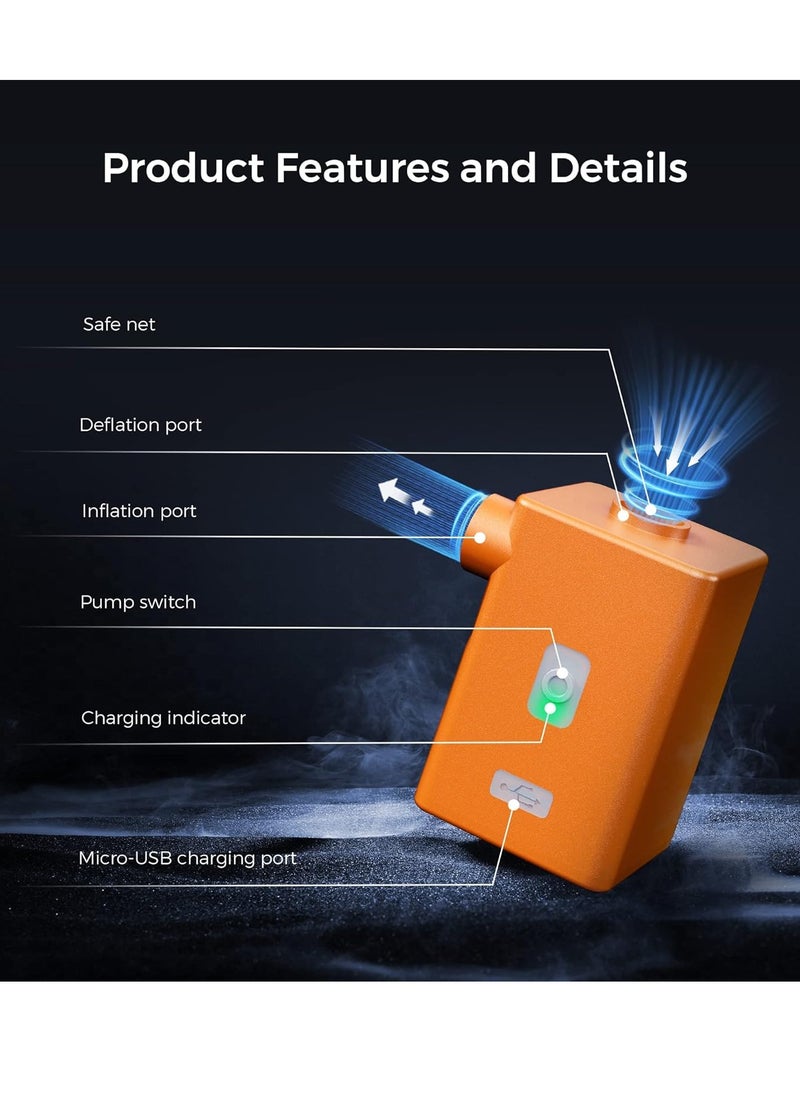 FLEXTAIL - FLEXTAILGEAR - MAX Pump Plus Portable Air Pump with 3600mAh Battery USB Rechargeable Lightwight Quick Inflate Deflate for Pool Floats Bed Air Mattress Swimming Ring (Orange) - Image 1