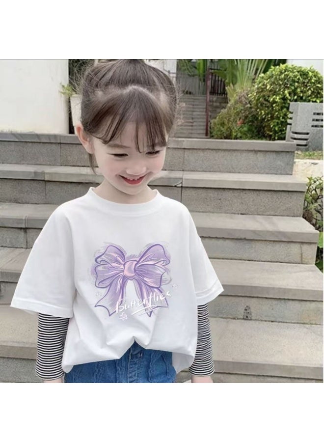 Girls' New Round Neck Fake Two-piece T-shirt Baby Patchwork Inner Wear Long Sleeve Mid-child Autumn Spring Pure Cotton Base Layer Top