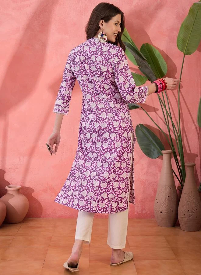 sanskrutihomes sanskrutihomes Lavender Pure Cotton Floral Printed Kurta for Women