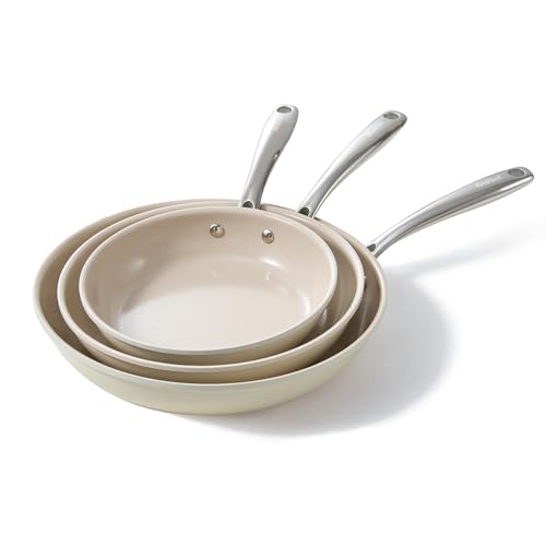 Redchef Nonstick Frying Pans Set Ceramic Pan Skillet Non Toxic Pans for Cooking 8 95 11 Ceramic Frying Pan Set PFAS PTFE PFOA Free with Stay Cool Handle Dishwasher Oven Safe Beige White - Image 1