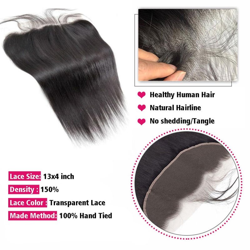 CHEEON 13x4 HD Lace Frontal 14 Inch Brazilian Straight Ear to Ear Human Hair Frontal HD Lace Virgin Human Hair Frontals Pre Plucked with Baby Hair 150% Density Natural Black - Image 3
