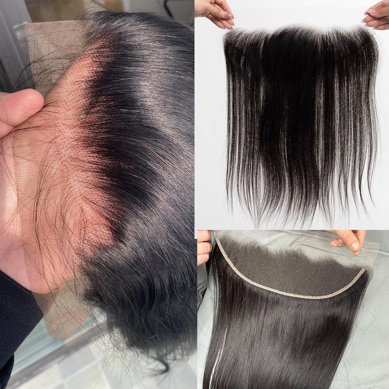 CHEEON 13x4 HD Lace Frontal 14 Inch Brazilian Straight Ear to Ear Human Hair Frontal HD Lace Virgin Human Hair Frontals Pre Plucked with Baby Hair 150% Density Natural Black - Image 2