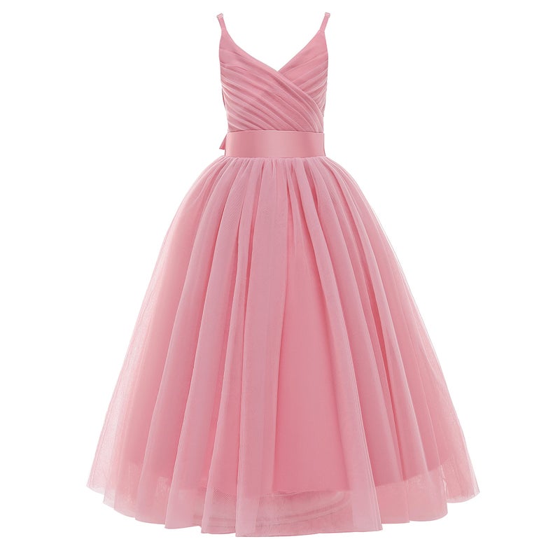 Glamulice Dusty Rose Flower Girl Dress Lace Bridesmaid Long A Line Wedding Pageant Dresses 8 Dusty Pink Tulle Spaghetti Strap Kids Formal Dance Communion Ball Gown Elegant Evening Party Prom Gown Gala - Image 1