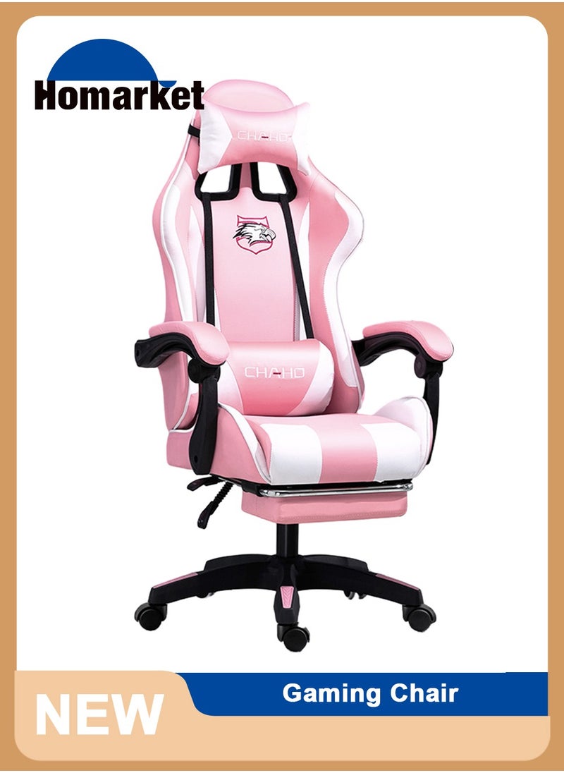 Lan Hao - Gaming Chair with footrest Office Lumbar Support pc Chairs for Adults Wheels Bedroom Video Game Swivel ergonomics Back pu Leather Task Computer high Chair Reclining Teens Massage Dorm Pink - Image 1