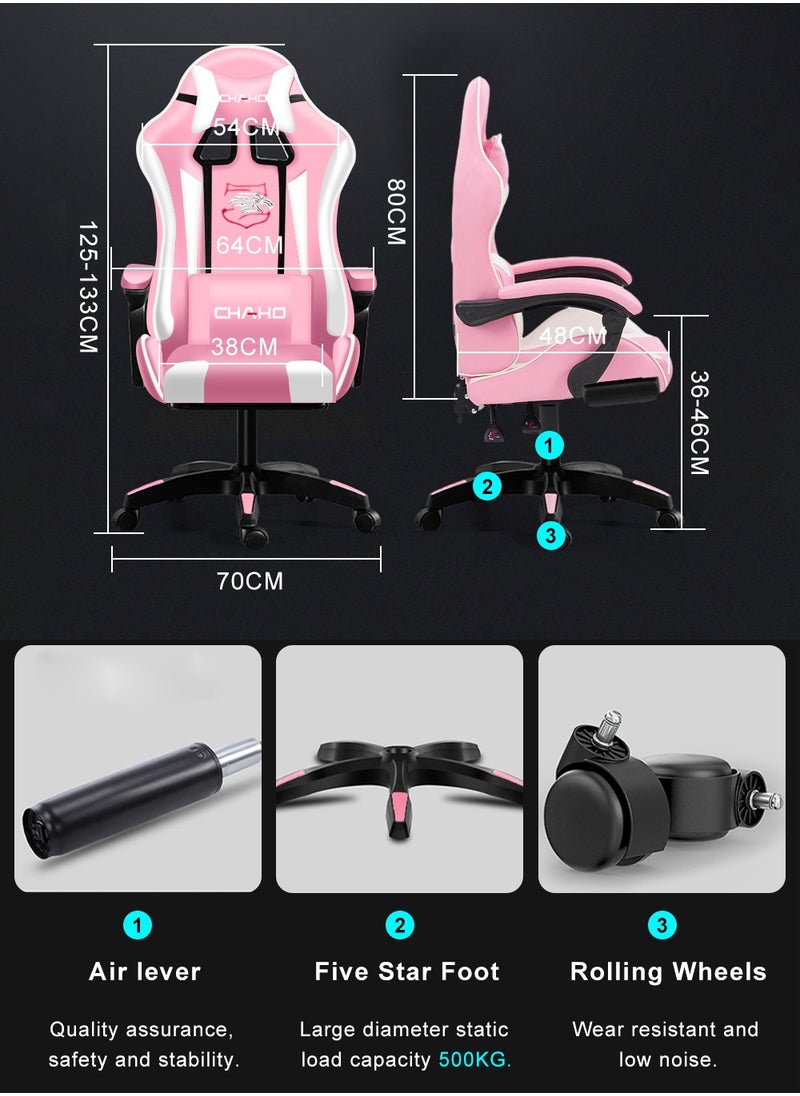 Lan Hao - Gaming Chair with footrest Office Lumbar Support pc Chairs for Adults Wheels Bedroom Video Game Swivel ergonomics Back pu Leather Task Computer high Chair Reclining Teens Massage Dorm Pink - Image 1