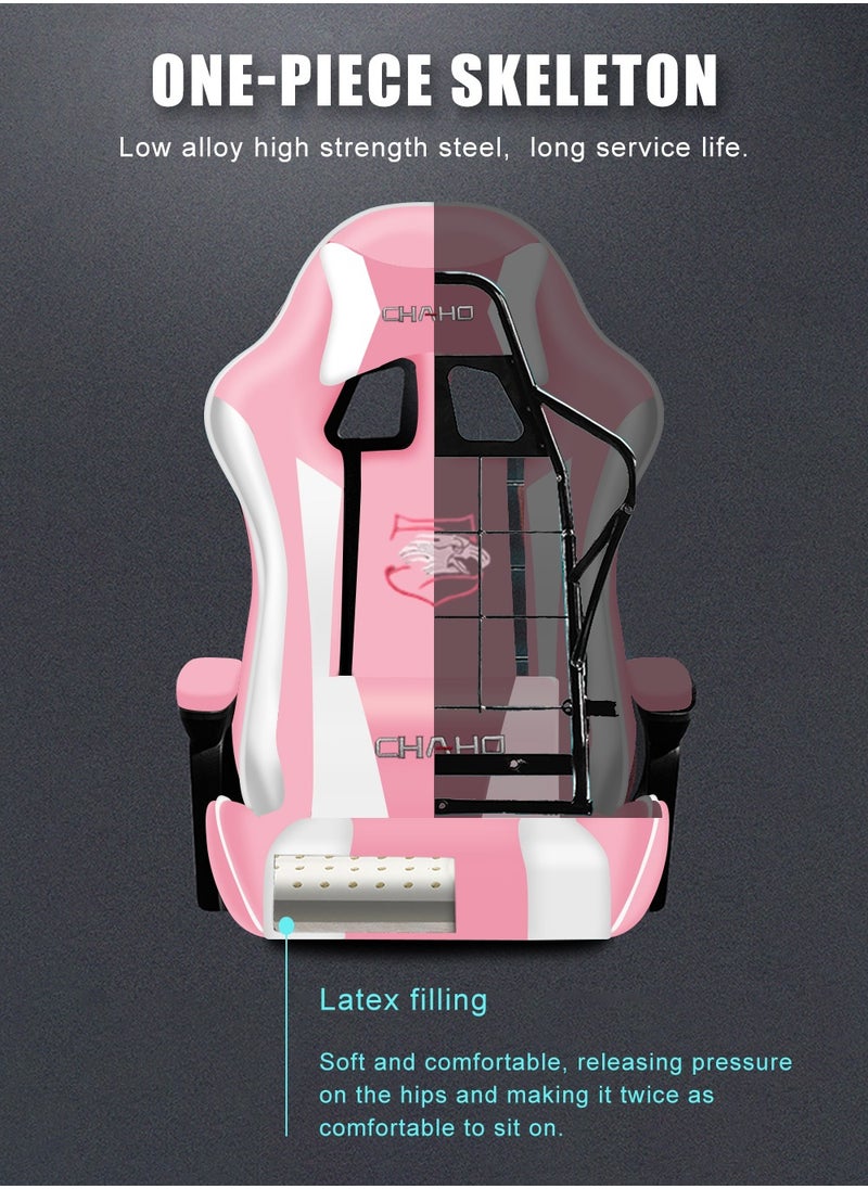 Lan Hao - Gaming Chair with footrest Office Lumbar Support pc Chairs for Adults Wheels Bedroom Video Game Swivel ergonomics Back pu Leather Task Computer high Chair Reclining Teens Massage Dorm Pink - Image 1