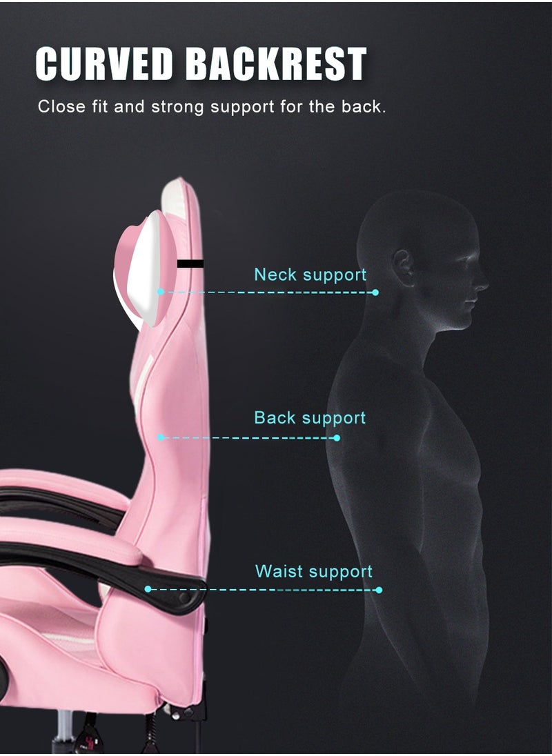 Lan Hao - Gaming Chair with footrest Office Lumbar Support pc Chairs for Adults Wheels Bedroom Video Game Swivel ergonomics Back pu Leather Task Computer high Chair Reclining Teens Massage Dorm Pink - Image 1