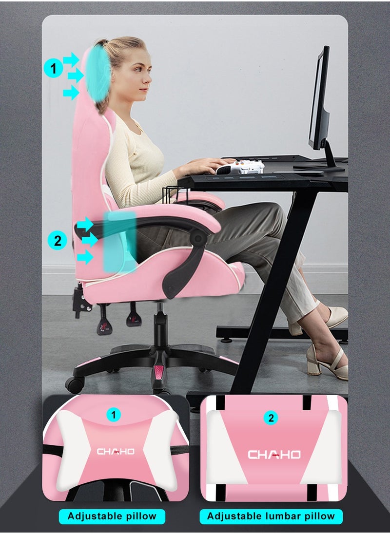 Lan Hao - Gaming Chair with footrest Office Lumbar Support pc Chairs for Adults Wheels Bedroom Video Game Swivel ergonomics Back pu Leather Task Computer high Chair Reclining Teens Massage Dorm Pink - Image 1