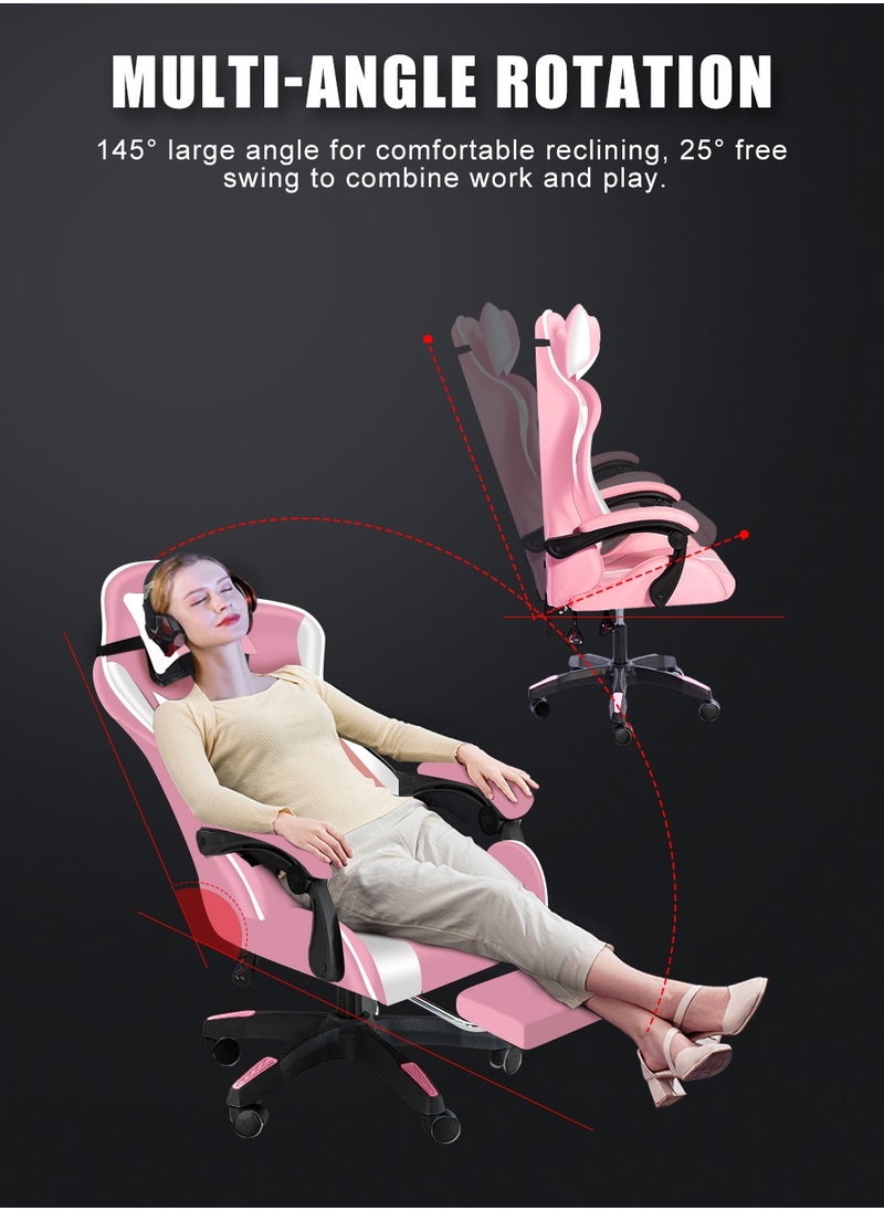 Lan Hao - Gaming Chair with footrest Office Lumbar Support pc Chairs for Adults Wheels Bedroom Video Game Swivel ergonomics Back pu Leather Task Computer high Chair Reclining Teens Massage Dorm Pink - Image 1