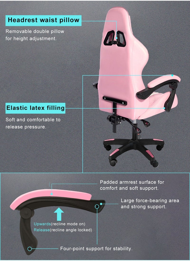 Lan Hao - Gaming Chair with footrest Office Lumbar Support pc Chairs for Adults Wheels Bedroom Video Game Swivel ergonomics Back pu Leather Task Computer high Chair Reclining Teens Massage Dorm Pink - Image 1