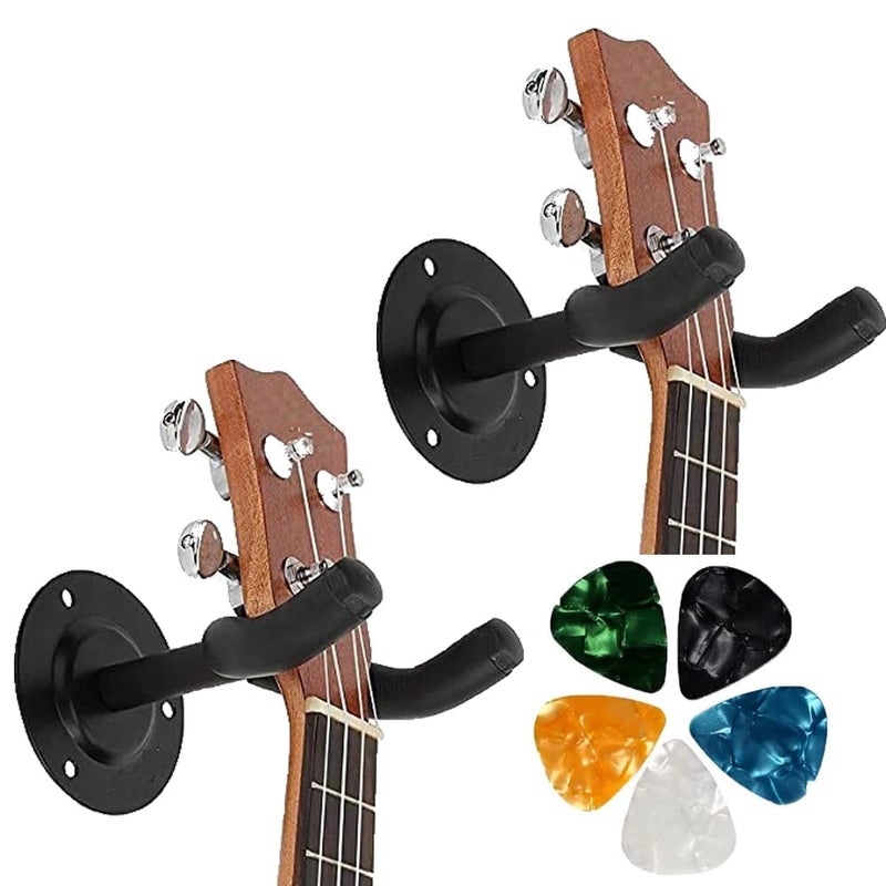 Bee Pack of 2 Wall Mount Guitar Stands with 4 Celluloid Picks | Display Hanger Hook Holder for Acoustic Electric Bass Mandolin Ukelele | Anti-Scratch Bracket with Soft Sponge Cover - Black - Image 1
