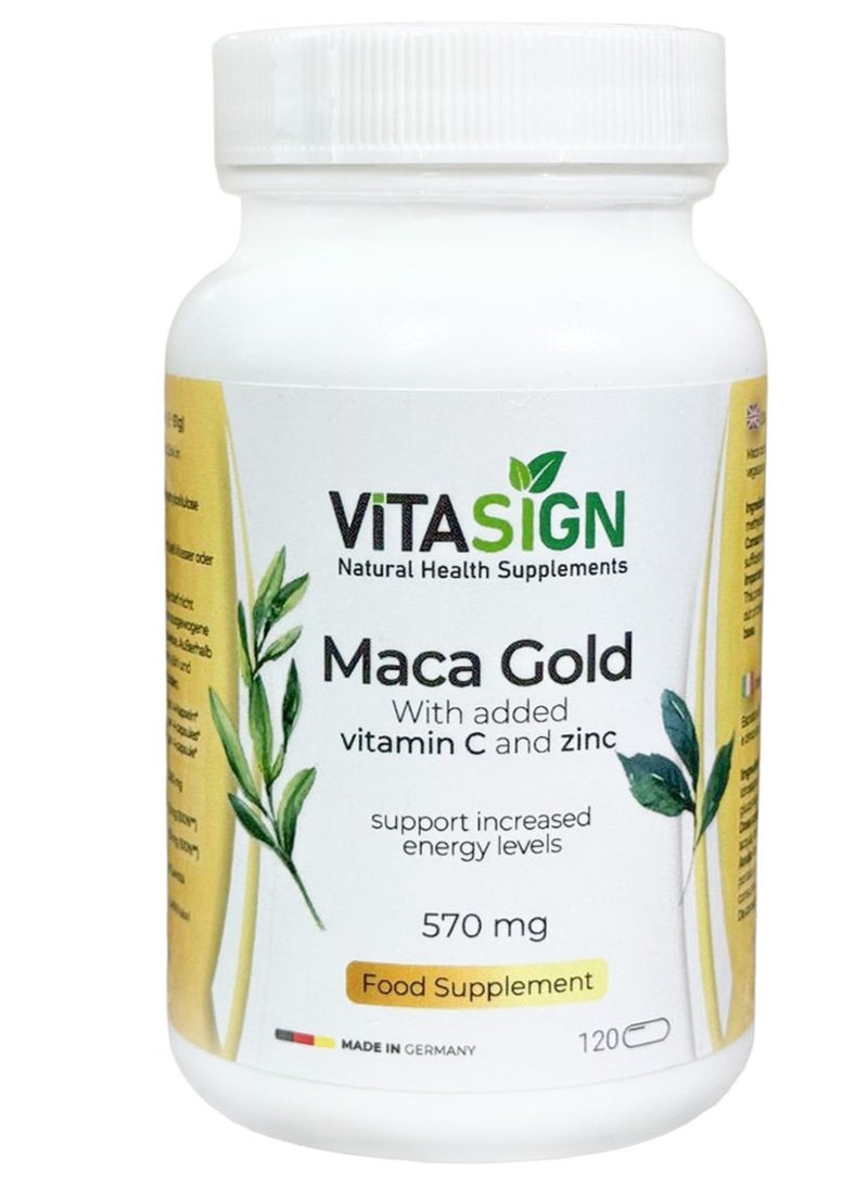 VITASIGN Premium Maca Gold 570mg, 120 Vegan Capsules – With Vitamin C & Zinc – Energy & Vitality Support - Image 1
