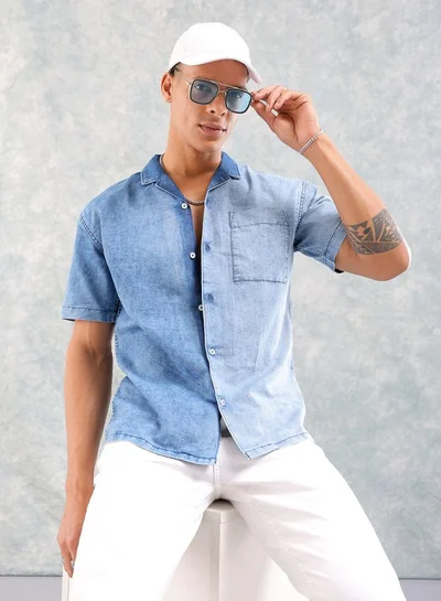 The Indian Garage Co Men Relaxed Fit Solid Half Sleeves Camp Collar Street Wear Denim Shirt