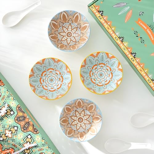 ONICORN Porcelain Dessert Bowls Gift Box Set Ceramic Bowl For Ice Cream,Soup,Rice,Snack,Side Bowl,Microwave And Dishwasher Safe - Unique Design With Grid And Wave Pattern(Green,Pack Of 4),280 ml - Image 1