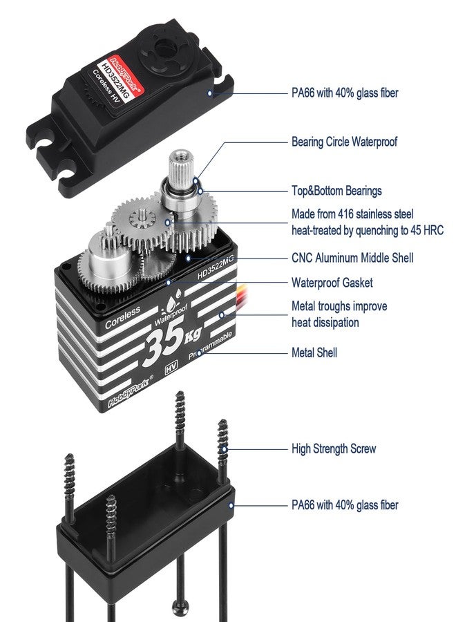 HobbyPark Waterproof 35KG Servo High Torque Metal Gear Digital Servo Motor for 1/8 1/10 1/12 RC Crawler Truck RC Car RC Basher Bashing Robot DIY Control Angle 180° HV (Coreless Motor) - Image 4