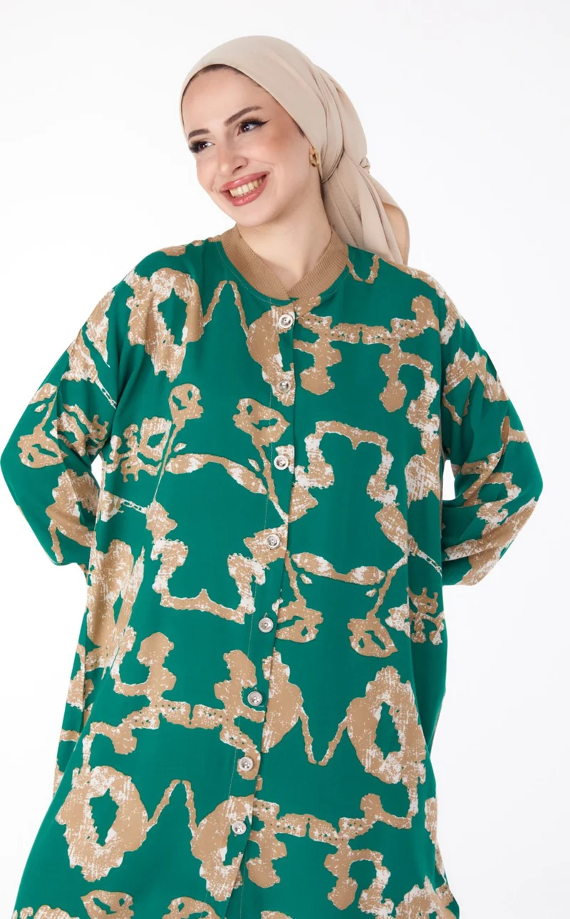 Tofisa Plain Judge Collar Women's Green Buttoned Patterned Tunic - 25625