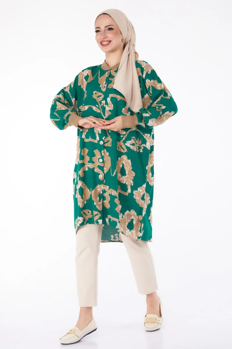 Tofisa Plain Judge Collar Women's Green Buttoned Patterned Tunic - 25625