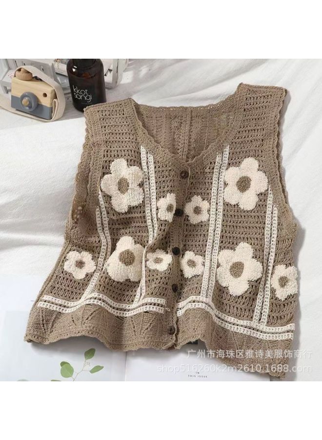 Hong Kong-style Western-style Fashion Crochet Hollow Sleeveless Vest Women's Winter V-neck Loose Slim-fit Striped Top