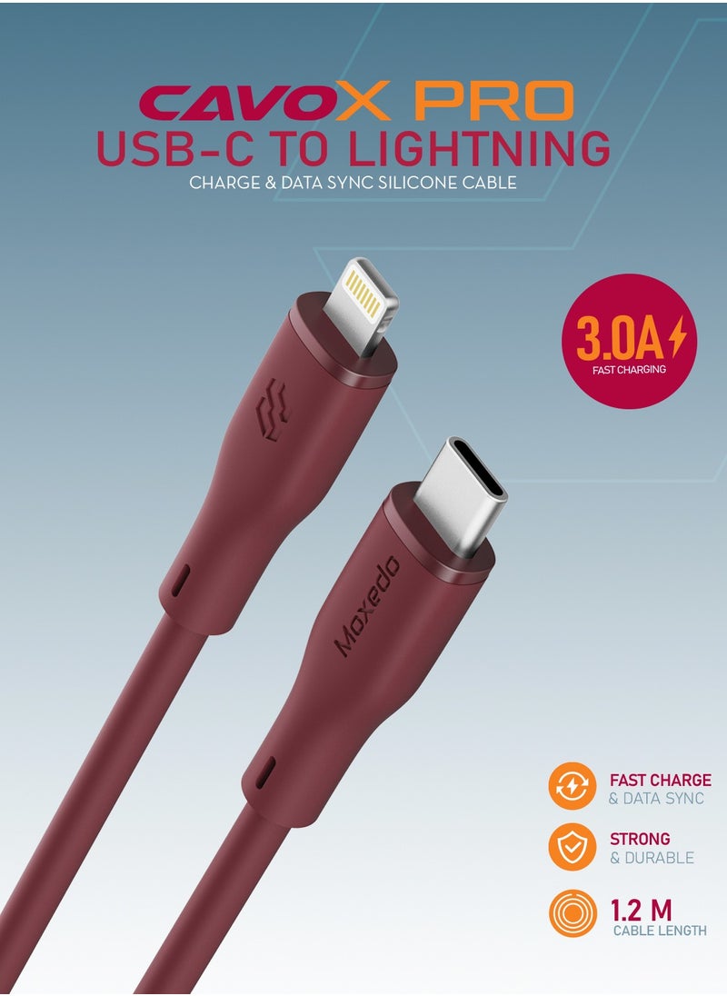Moxedo - Moxedo CavoX Pro USB-C to Lightning Silicone Cable 27W PD Fast Charge and Data Sync Compatible for iPhone 14/13/12/11 Pro Max X/XS/XR 8 7 6s Plus SE (Maroon, 1.2m) - Image 1