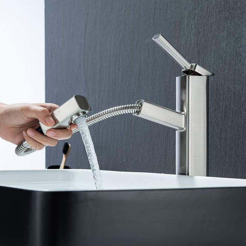 KAIYING Pull Down Vessel Sink Faucet Single Handle Tall Bathroom Faucet with Pull Out Sprayer Single Hole High Vanity Basin Mixer Tap Lavatory Utility Sink Faucets Tall Brushed Nickel