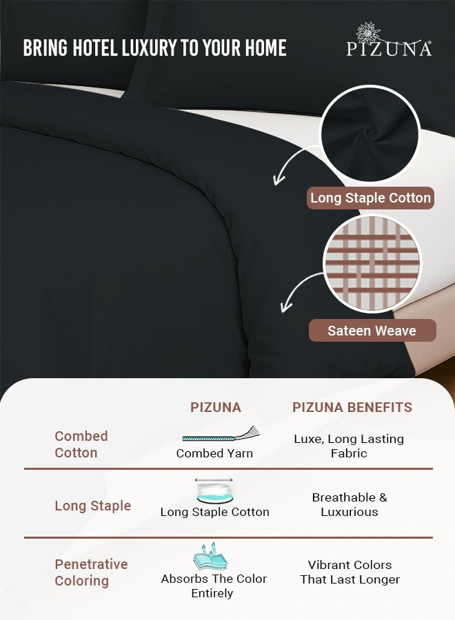 Pizuna Pure Combed Cotton Duvet Cover Double 200x200 cm Black, 400 Thread Count Cool Breathable 100% Long Staple Cotton Sateen Weave Quilt Cover & 2 Pillowcases (Luxurious Bedding Set) - Image 2