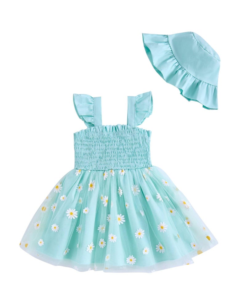 Saeaby Baby Girl Tulle Dresses Smocked Green Daisy Birthday Party Dress Toddler Beach Wedding Photos Outfits 1 Year Old Gifts 12-18 Months Girl Clothes - Image 1