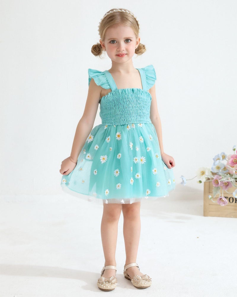 Saeaby Baby Girl Tulle Dresses Smocked Green Daisy Birthday Party Dress Toddler Beach Wedding Photos Outfits 1 Year Old Gifts 12-18 Months Girl Clothes - Image 2