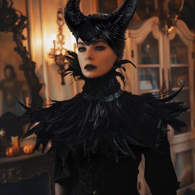 HOMELEX Evil Queen Feather Horns Costume for Women Black Cape Halloween Headpiece Shawl Accessories - Image 2