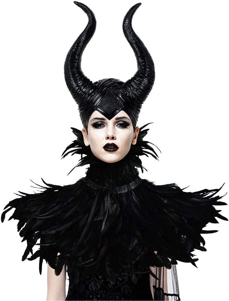 HOMELEX Evil Queen Feather Horns Costume for Women Black Cape Halloween Headpiece Shawl Accessories - Image 1