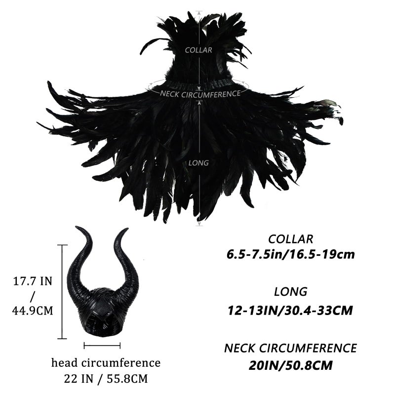 HOMELEX Evil Queen Feather Horns Costume for Women Black Cape Halloween Headpiece Shawl Accessories - Image 5