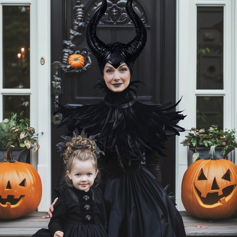 HOMELEX Evil Queen Feather Horns Costume for Women Black Cape Halloween Headpiece Shawl Accessories - Image 4