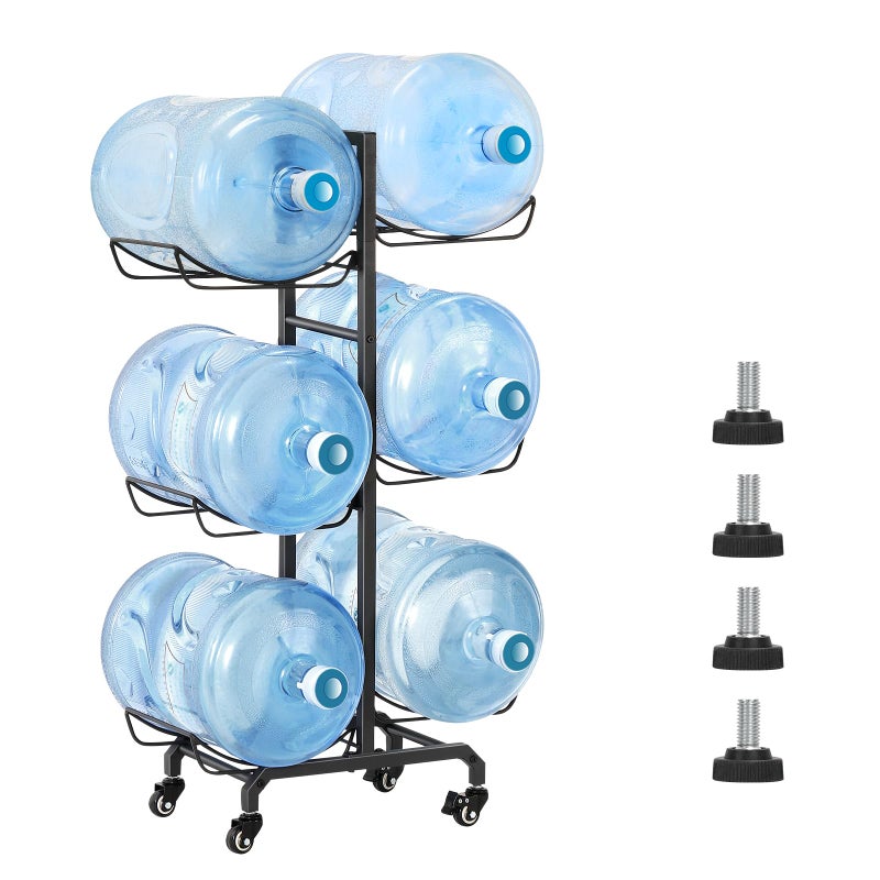 MOOACE 5 Gallon Water Jug Holder  Dispenser  4 Wheeled 3 Tier Foldable Storage Rack for 6 Bottles Black