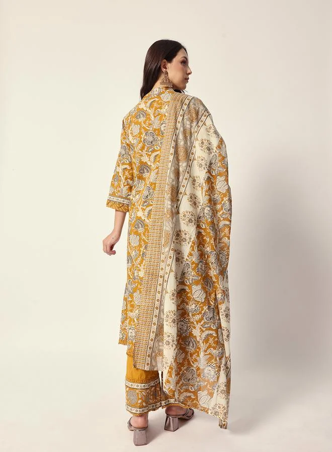 ISHIN Women's Yellow Cotton Textured Tunic Full Palazzo Regular Fit Kurta Set