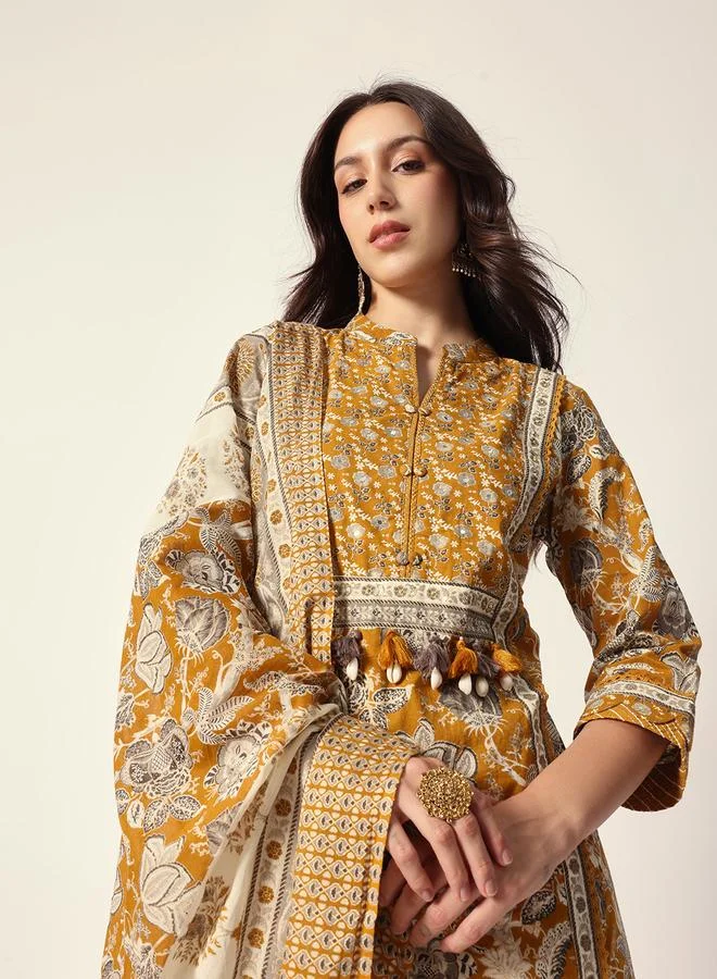 ISHIN Women's Yellow Cotton Textured Tunic Full Palazzo Regular Fit Kurta Set
