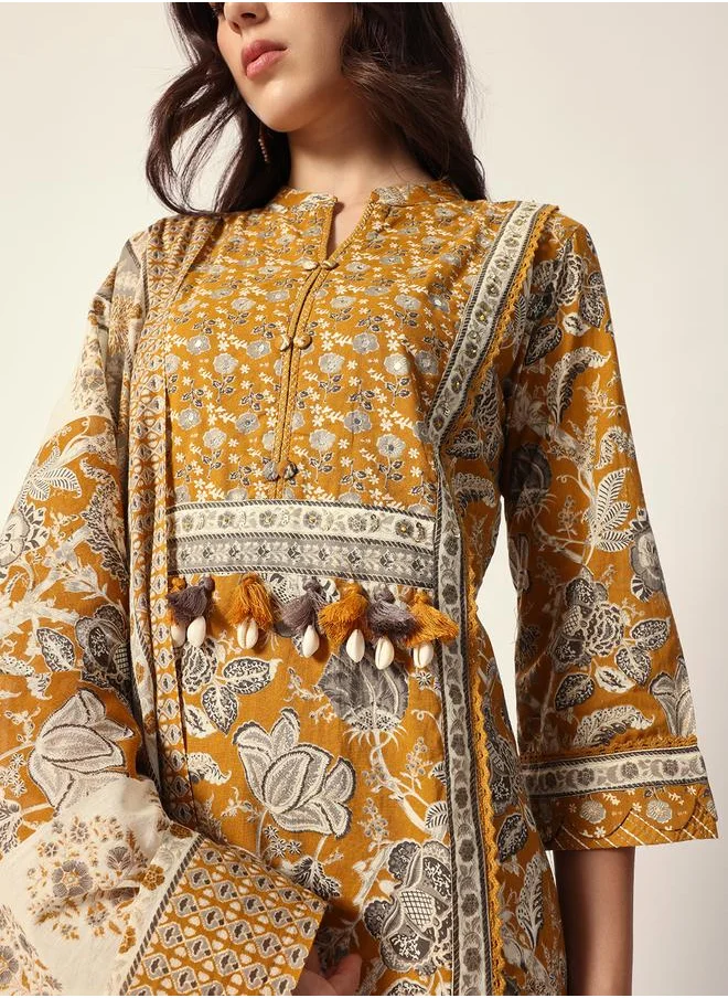 آي شين Women's Yellow Cotton Textured Tunic Full Palazzo Regular Fit Kurta Set
