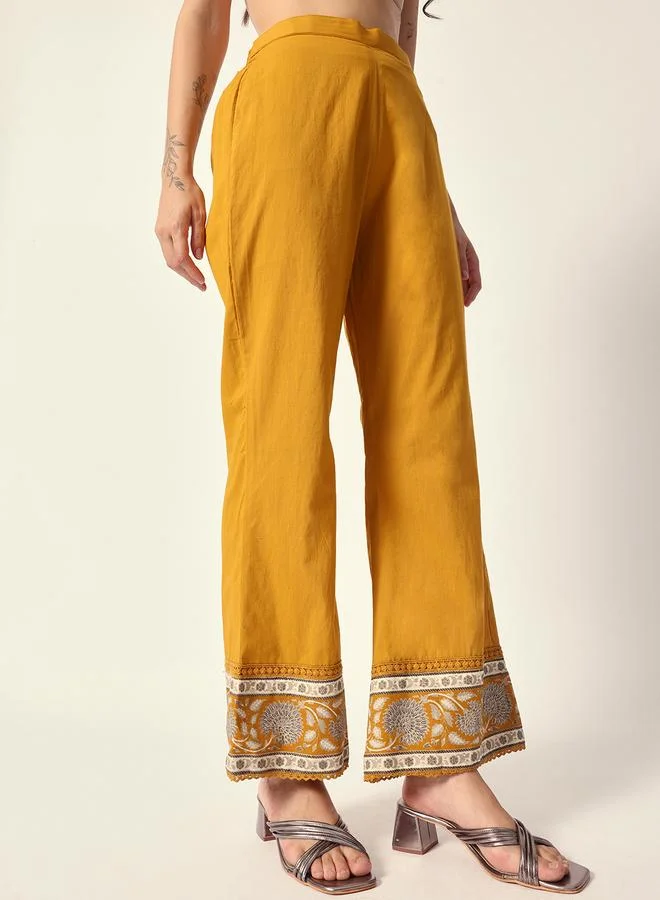 ISHIN Women's Yellow Cotton Textured Tunic Full Palazzo Regular Fit Kurta Set