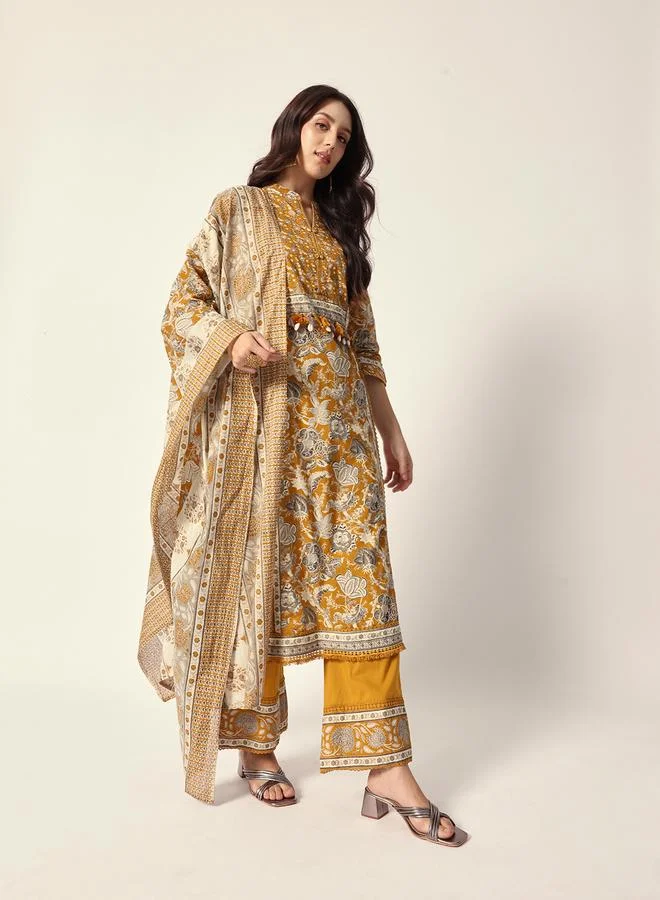 ISHIN Women's Yellow Cotton Textured Tunic Full Palazzo Regular Fit Kurta Set