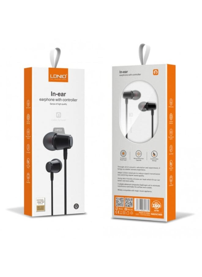 LDNIO - HP03 In-Ear Earphone With Controller, Comfortable Design And Noise Reduction Upgrade - Black - Image 1