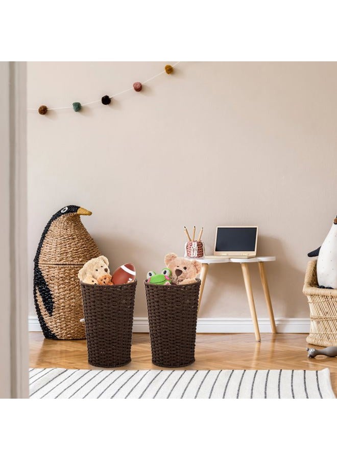 Bekith 2 Pack Wicker Waste Paper Basket Small Woven Basket Trash Can Wastebasket, Decorative Round Garbage Container Bin for Bedroom, Bathroom, Home Offices, Laundry, Brown - Image 4