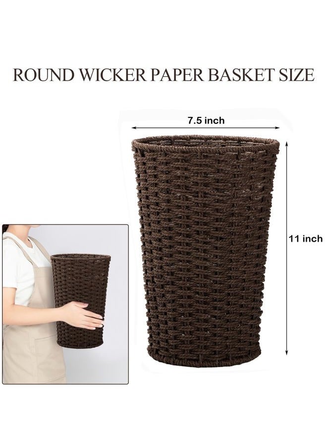 Bekith 2 Pack Wicker Waste Paper Basket Small Woven Basket Trash Can Wastebasket, Decorative Round Garbage Container Bin for Bedroom, Bathroom, Home Offices, Laundry, Brown - Image 2
