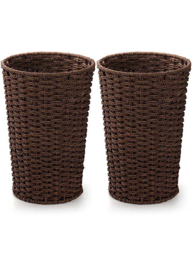 Bekith 2 Pack Wicker Waste Paper Basket Small Woven Basket Trash Can Wastebasket, Decorative Round Garbage Container Bin for Bedroom, Bathroom, Home Offices, Laundry, Brown - Image 1